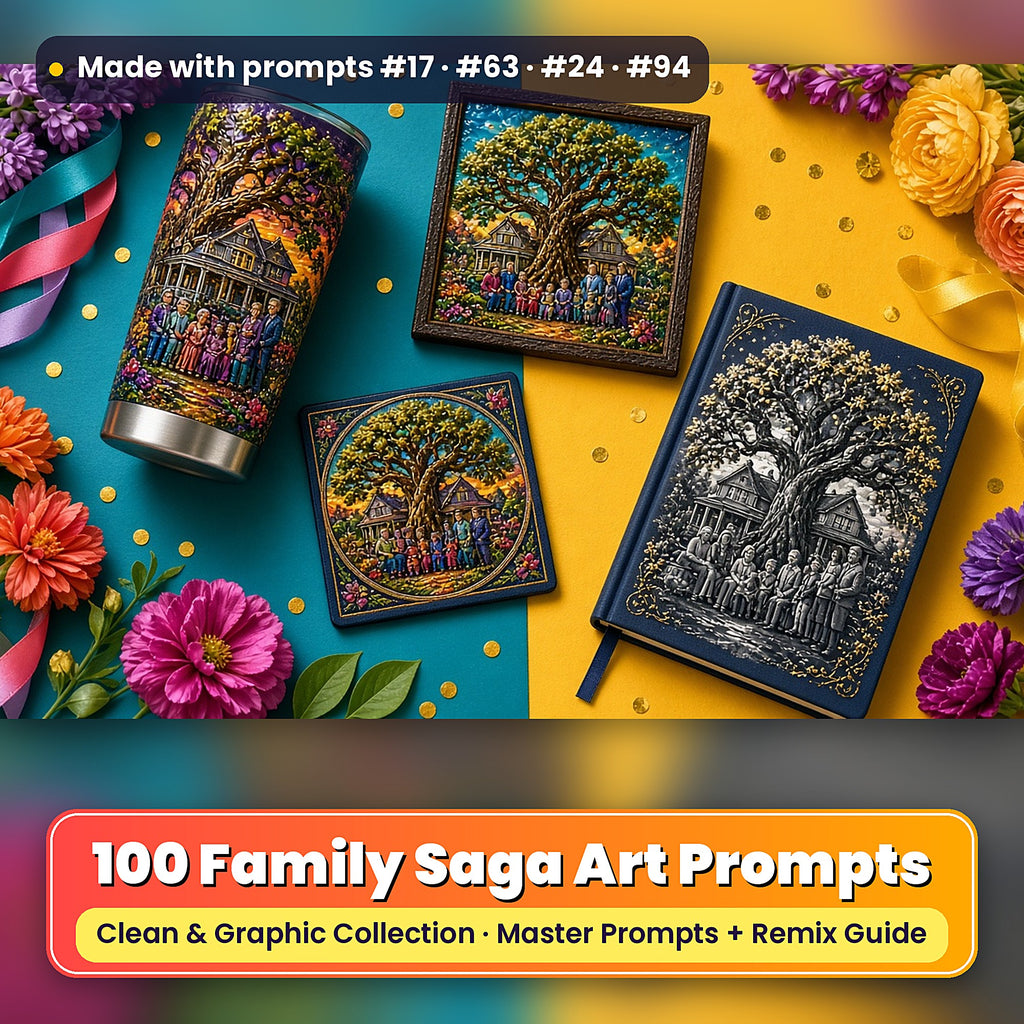 Family Saga, Clean & Graphic Collection: Made with prompts #17 · #63 · #24 · #94 – realistic UV-printed mockup
