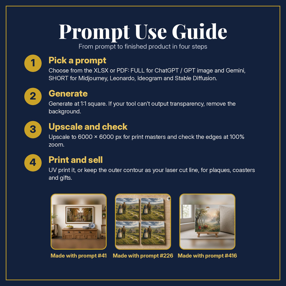 Prompt Use Guide for the Family Saga Complete Library: pick a prompt, generate, upscale and check, print and sell, with sample products made with the pack's prompts