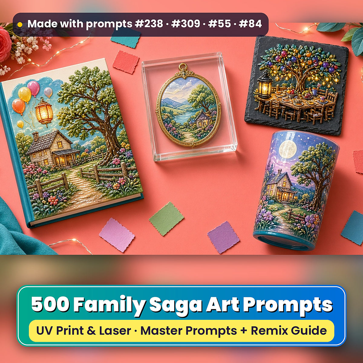 500 Family Saga Art Prompts Library: Made with prompts #238 · #309 · #55 · #84 – realistic UV-printed mockup