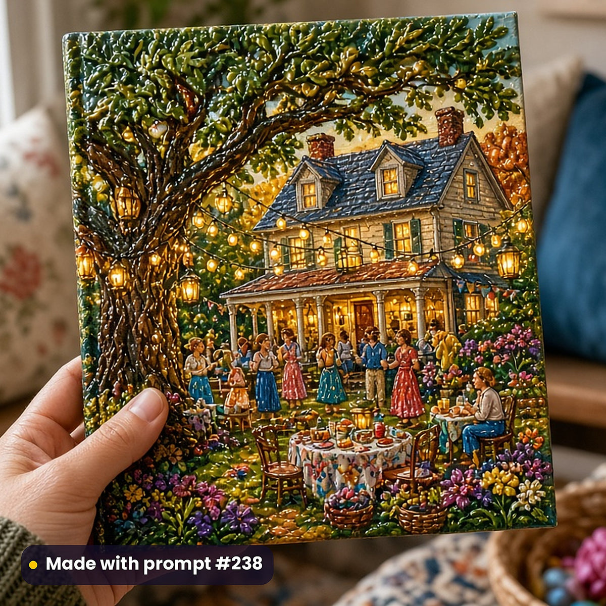500 Family Saga Art Prompts Library: Made with prompt #238 – realistic UV-printed mockup (Illustrated Character — Festival or Gathering)