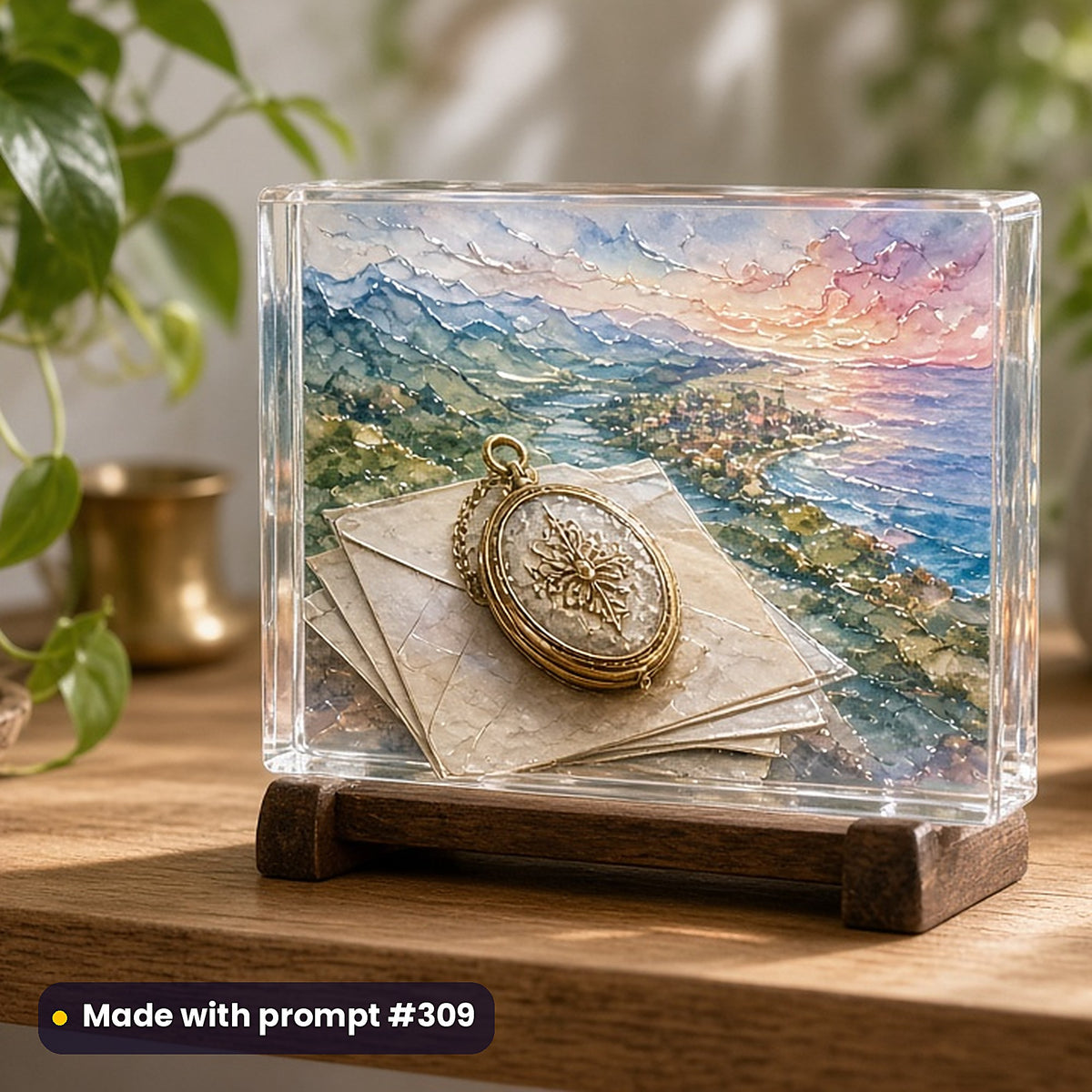 500 Family Saga Art Prompts Library: Made with prompt #309 – realistic UV-printed mockup (Watercolour — Panoramic World)