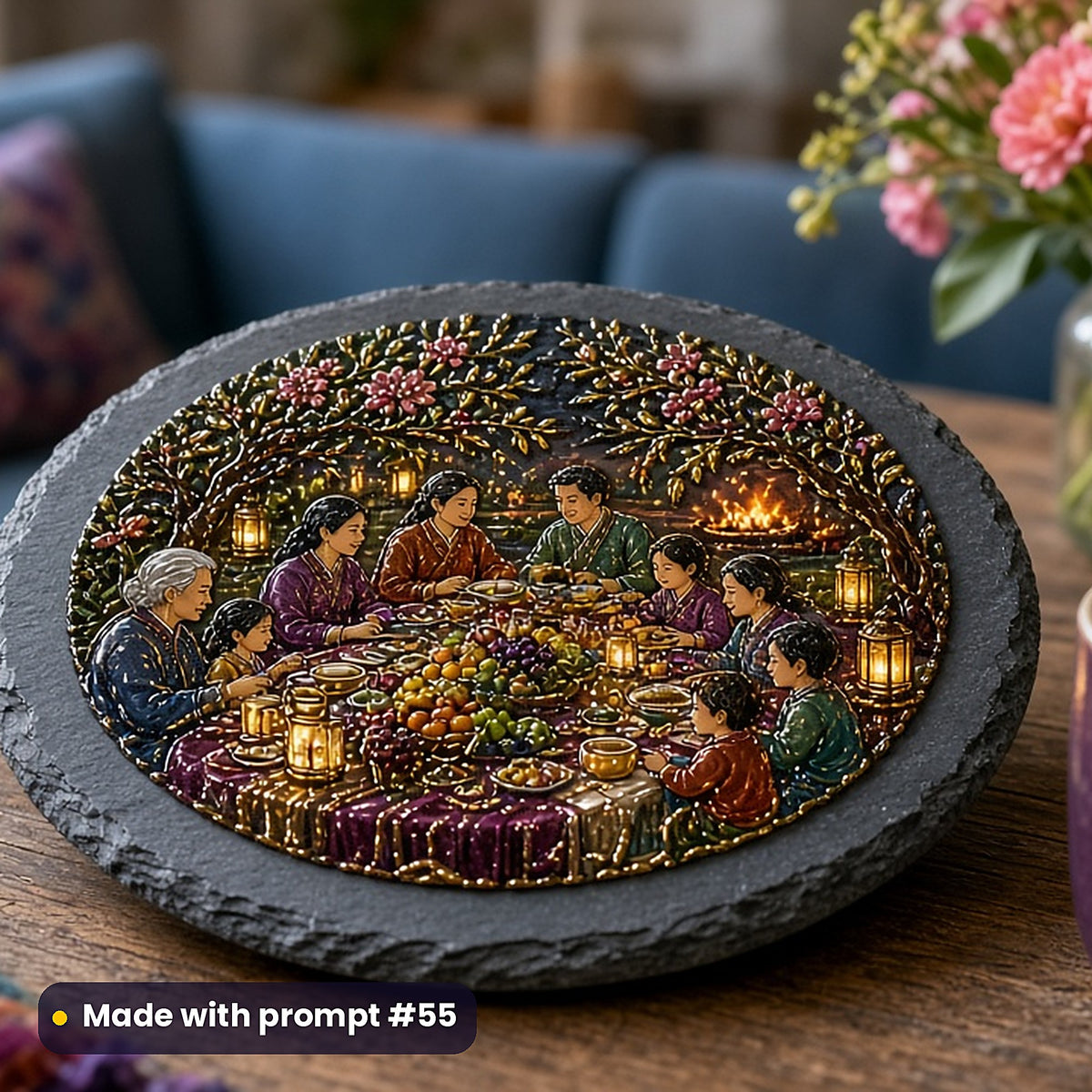 500 Family Saga Art Prompts Library: Made with prompt #55 – realistic UV-printed mockup (Luxury Premium — Fire and Light)