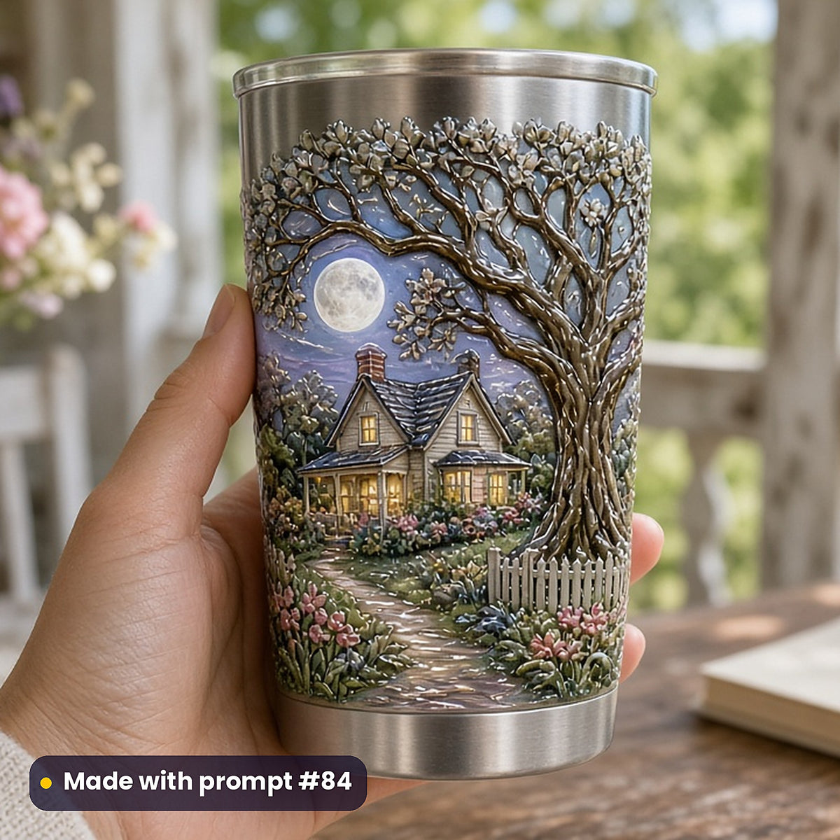 500 Family Saga Art Prompts Library: Made with prompt #84 – realistic UV-printed mockup (Soft Pastel — Moonlit Scene)