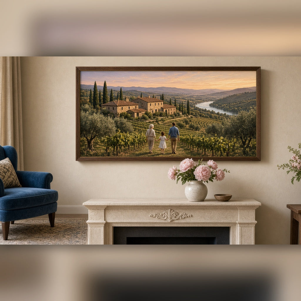Luxury panoramic family estate of a honey-stone farmhouse among vineyards and cypress lanes with three generations walking through the vines printed flat on a framed print in a sitting room, made with prompt #9