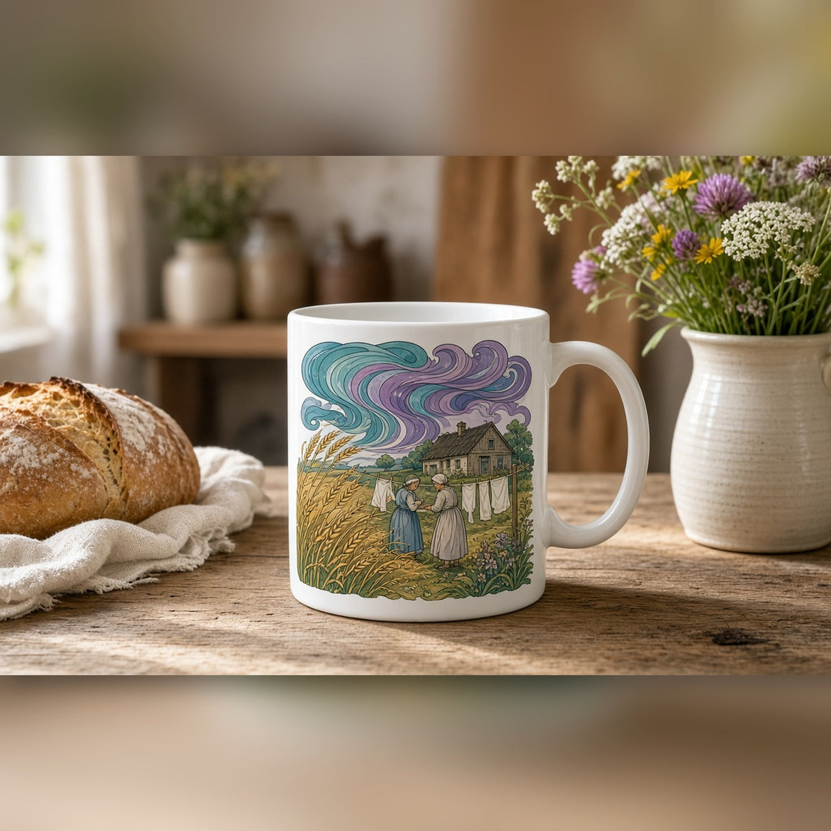 Art Nouveau storm approaching an old family farmhouse with swirling teal and violet clouds and two women gathering washing printed flat on a mug, made with prompt #46