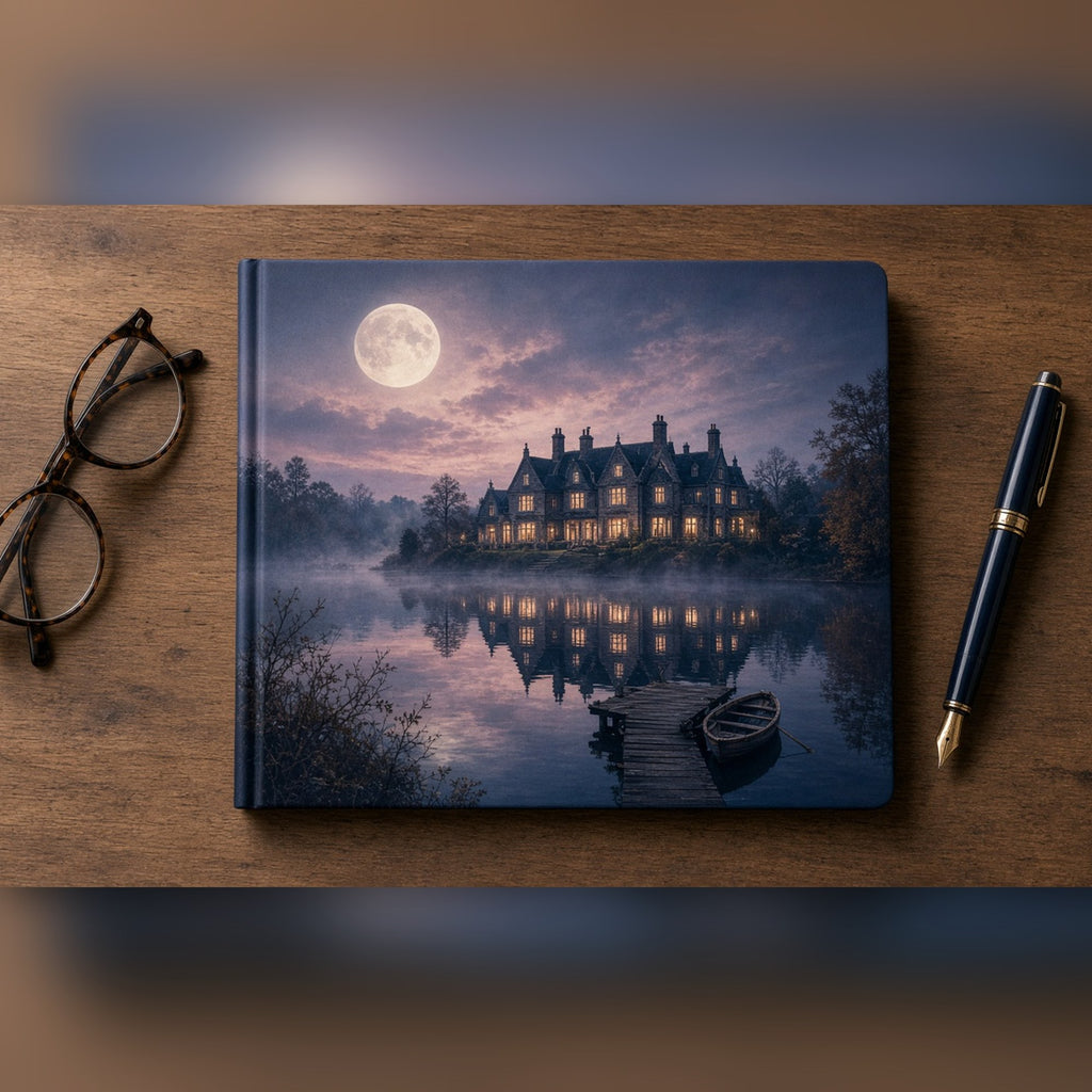 Moonlit family country house reflected in a misty lake with a rowing boat at a small jetty printed flat on a notebook, made with prompt #84