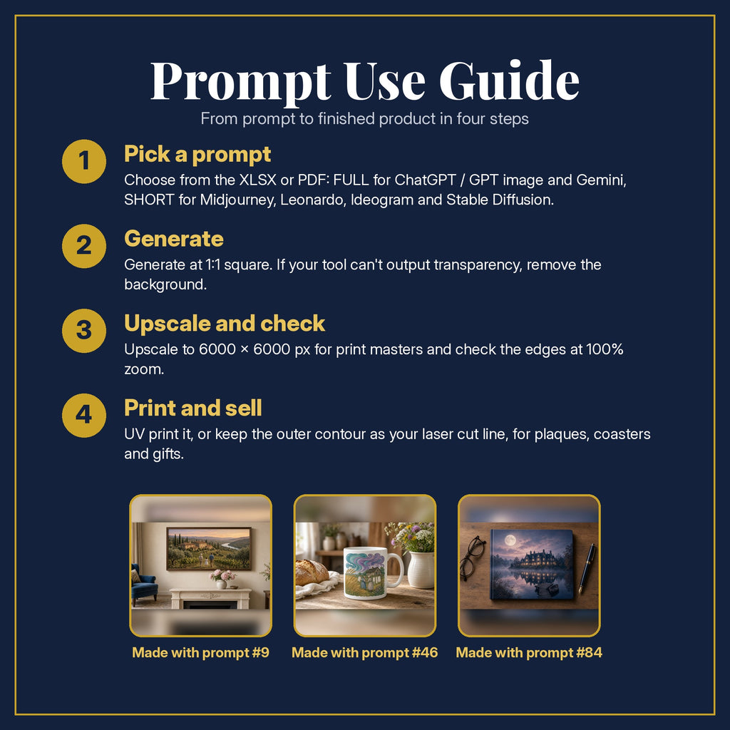 Prompt Use Guide for the Family Saga, Luxury & Decorative Collection: pick a prompt, generate, upscale and check, print and sell, with sample products made with the pack's prompts