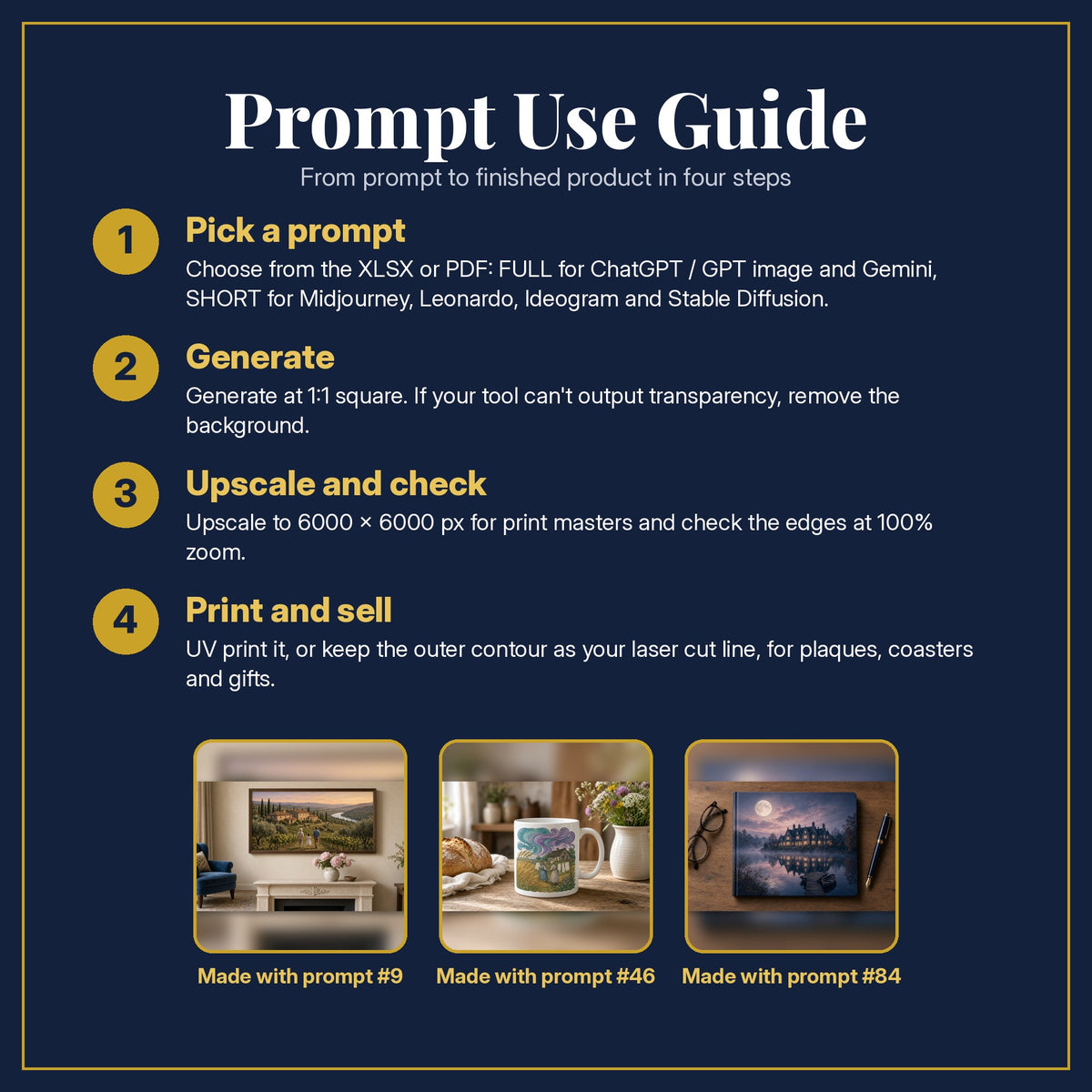 Prompt Use Guide for the Family Saga, Luxury & Decorative Collection: pick a prompt, generate, upscale and check, print and sell, with sample products made with the pack's prompts