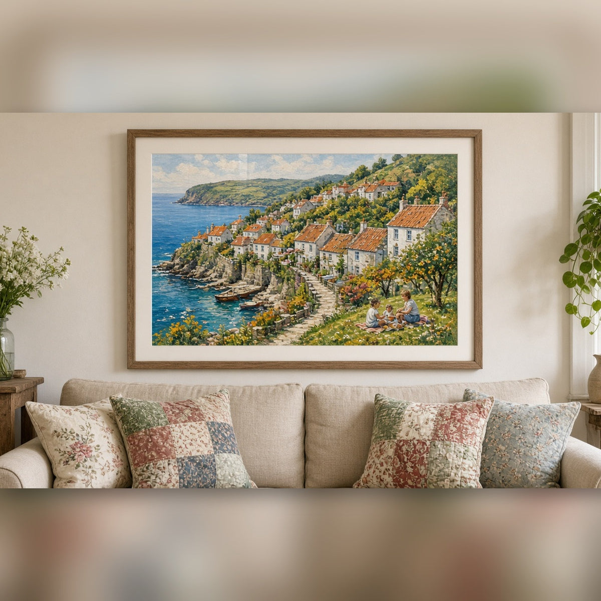 Textured artisan panoramic fishing village on a green hillside with winding lanes, a harbour and a family picnic printed flat on a framed print in a living room, made with prompt #9