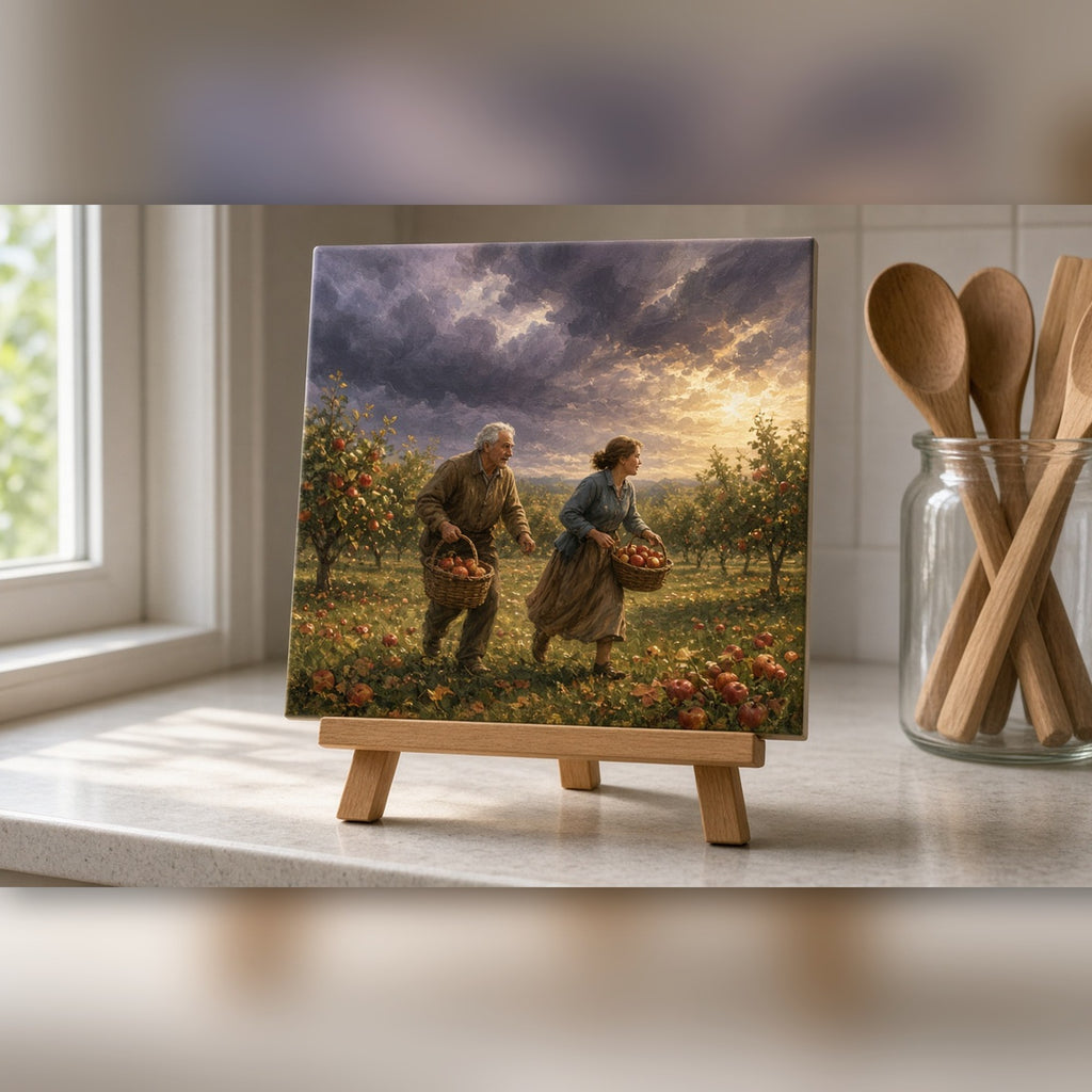 Oil-painting storm approaching an apple orchard at harvest with a grandfather and his daughter carrying baskets printed flat on a ceramic tile, made with prompt #46