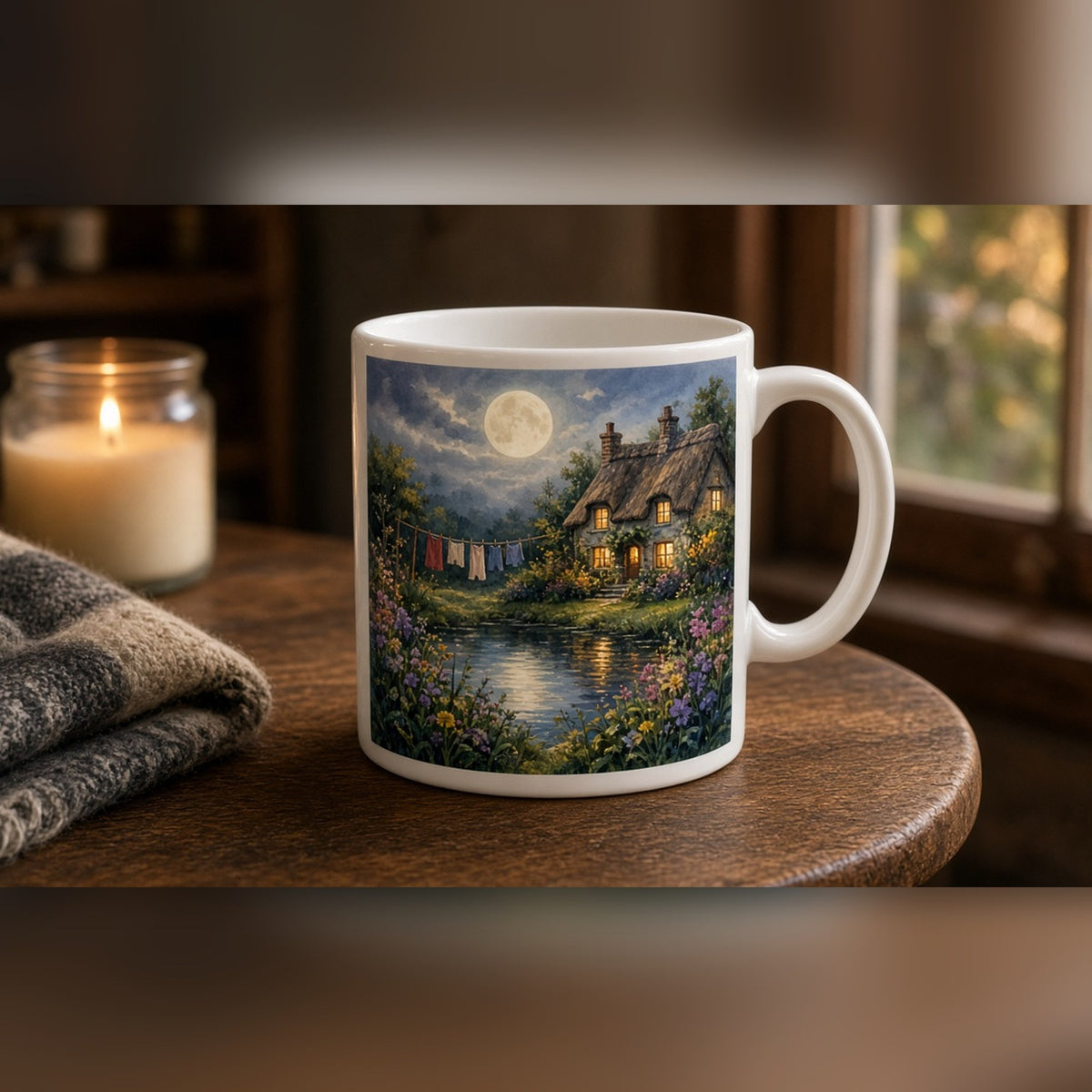 Painterly moonlit thatched family cottage with a pond, glowing windows and a washing line printed flat on a mug, made with prompt #84