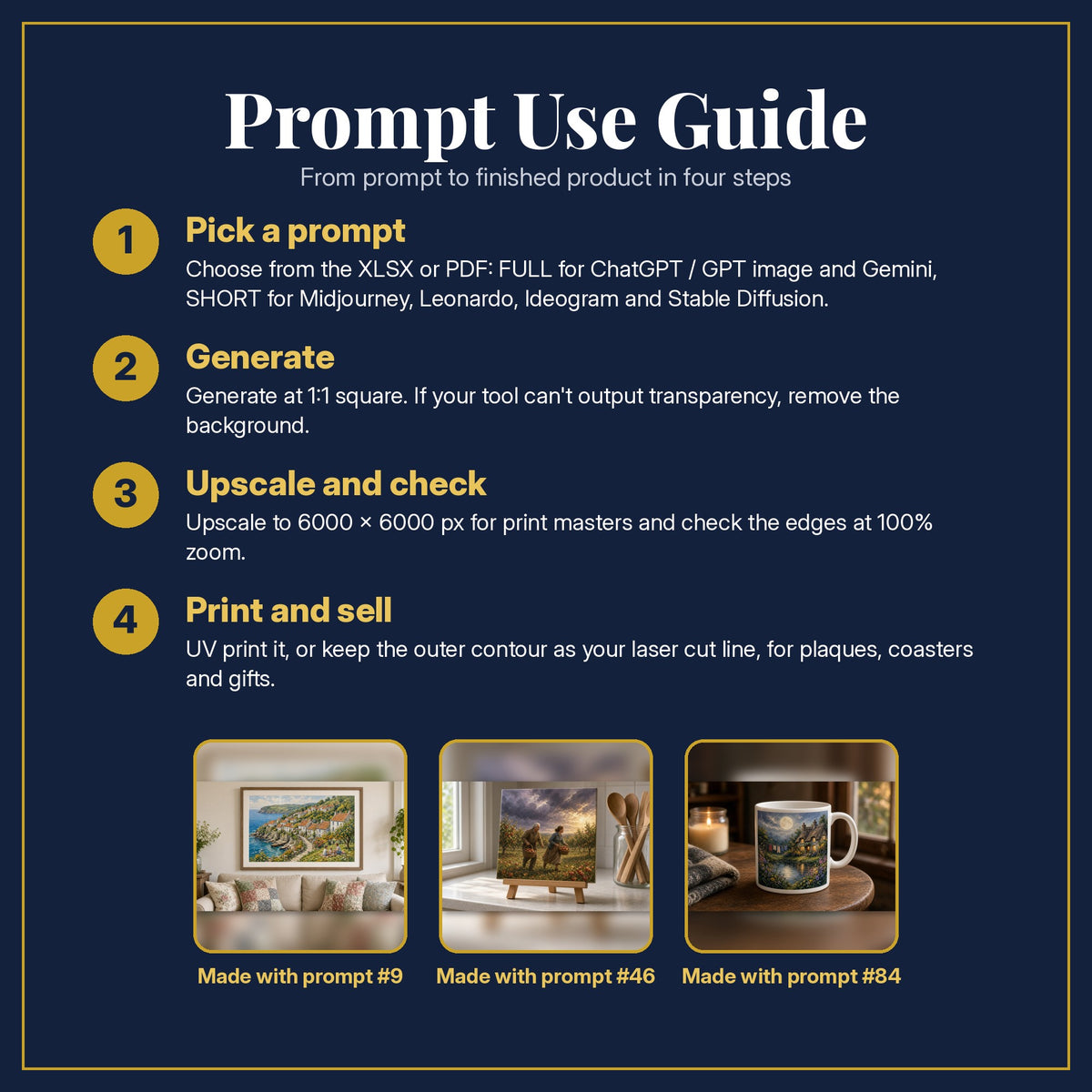 Prompt Use Guide for the Family Saga, Painterly & Handmade Collection: pick a prompt, generate, upscale and check, print and sell, with sample products made with the pack's prompts