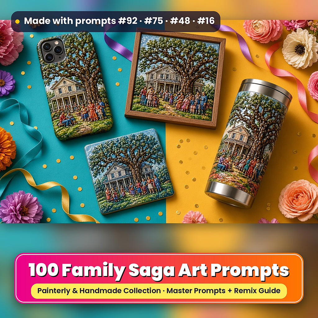 Family Saga, Painterly & Handmade Collection: realistic UV-printed mockup, made with prompts #92 · #75 · #48 · #16