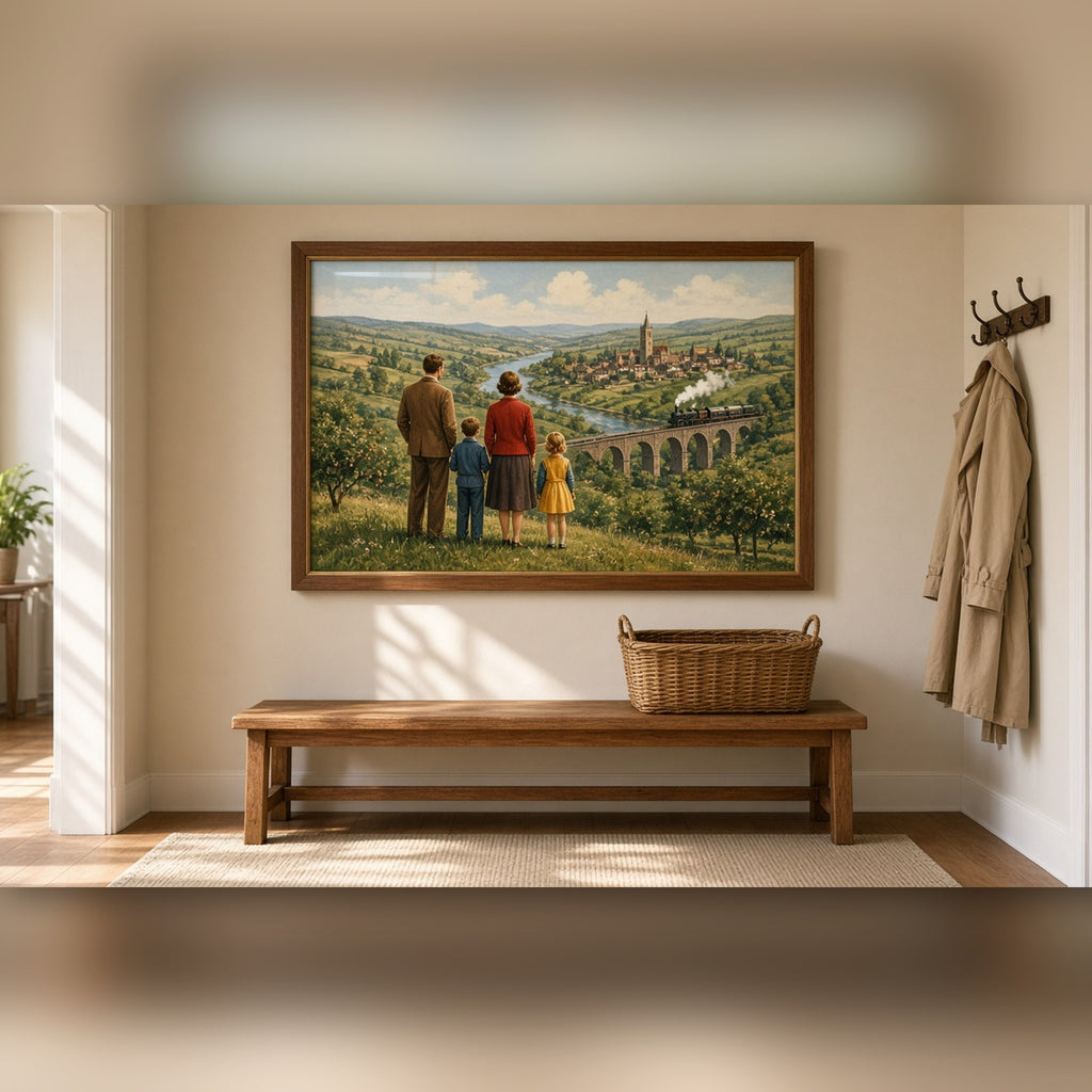 Vintage retro panoramic family countryside with a river valley town, a steam train on a viaduct and a 1950s family on a hilltop printed flat on a framed print in a hallway, made with prompt #9