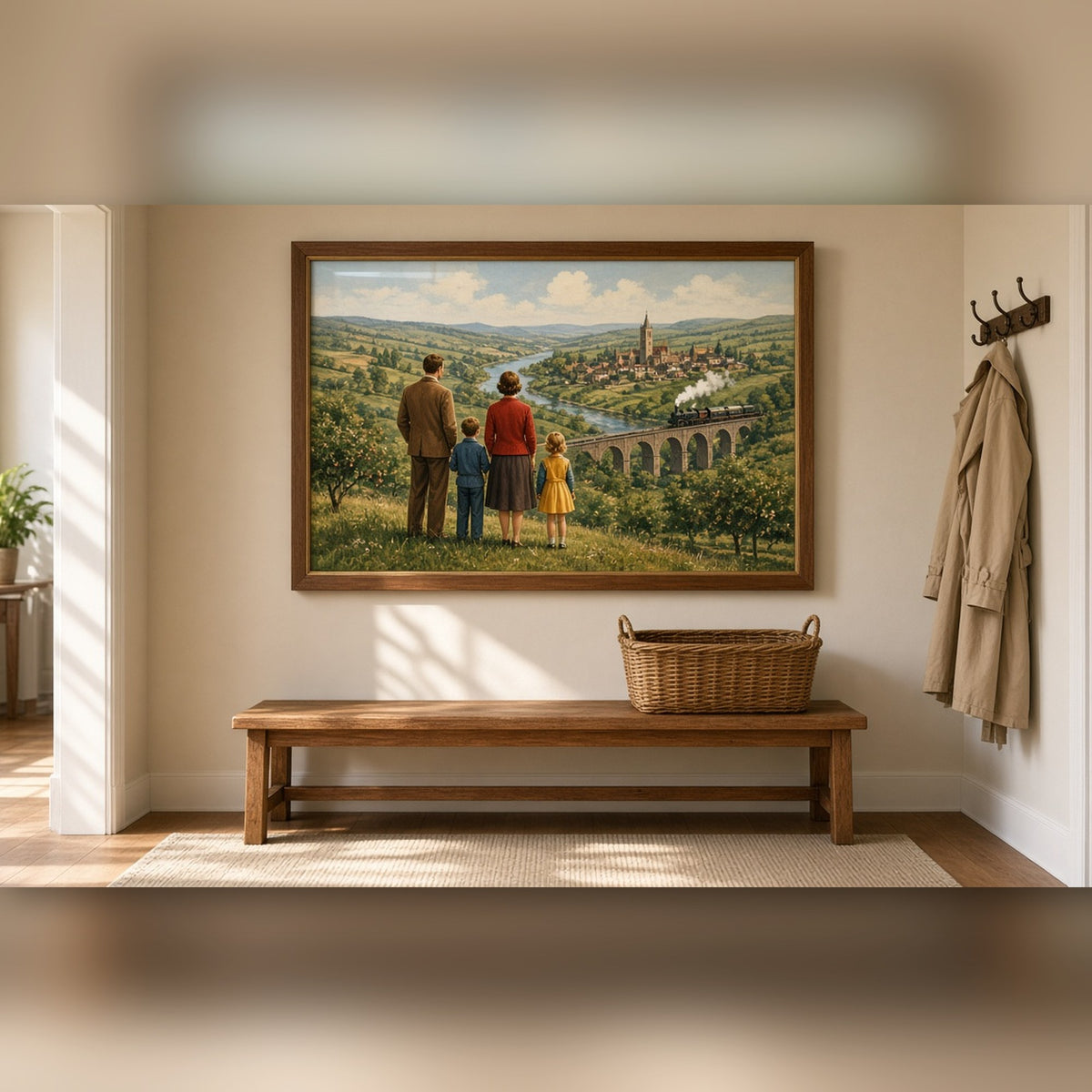 Vintage retro panoramic family countryside with a river valley town, a steam train on a viaduct and a 1950s family on a hilltop printed flat on a framed print in a hallway, made with prompt #9