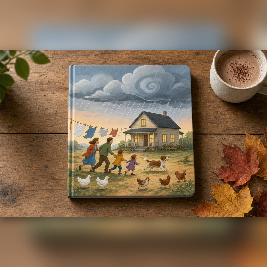 Playful whimsical storm approaching a family farmhouse with a family, their dog and chickens running for the porch printed flat on a notebook, made with prompt #46