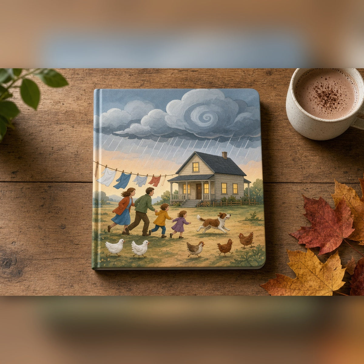 Playful whimsical storm approaching a family farmhouse with a family, their dog and chickens running for the porch printed flat on a notebook, made with prompt #46