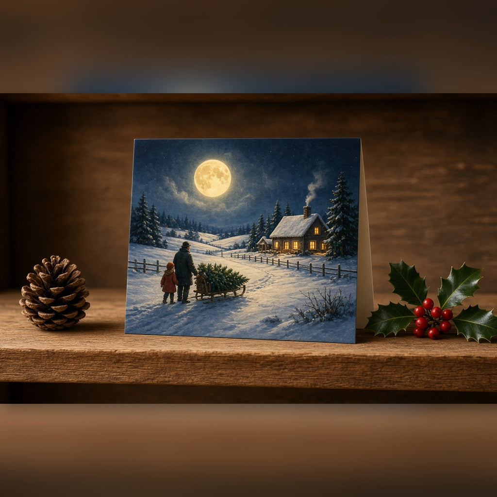 Seasonal moonlit snowy family farmhouse with a father and child pulling a sledge with a pine tree printed flat on a greeting card, made with prompt #84
