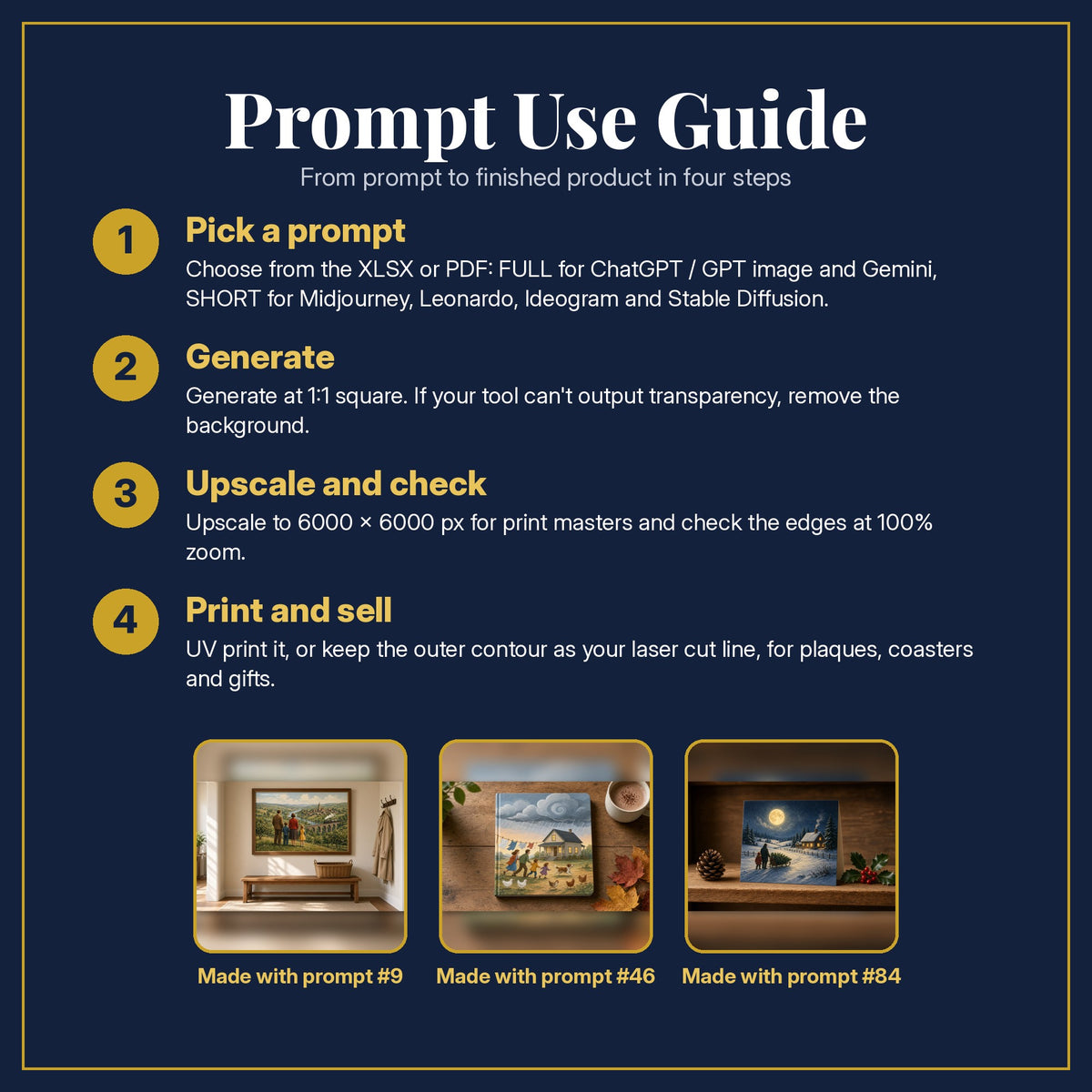 Prompt Use Guide for the Family Saga, Vintage & Whimsical Collection: pick a prompt, generate, upscale and check, print and sell, with sample products made with the pack's prompts