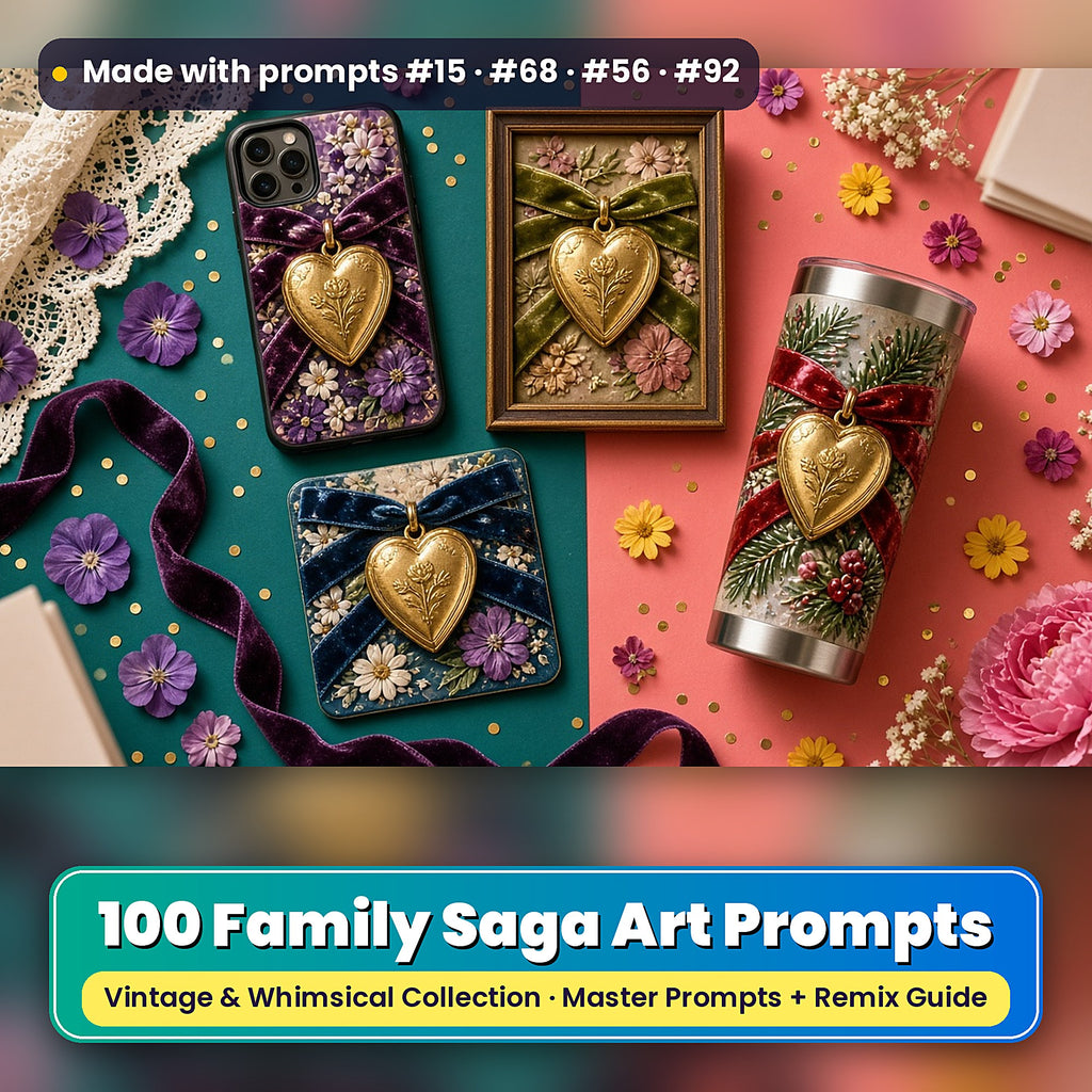Family Saga, Vintage & Whimsical Collection: realistic UV-printed mockup, made with prompts #15 · #68 · #56 · #92