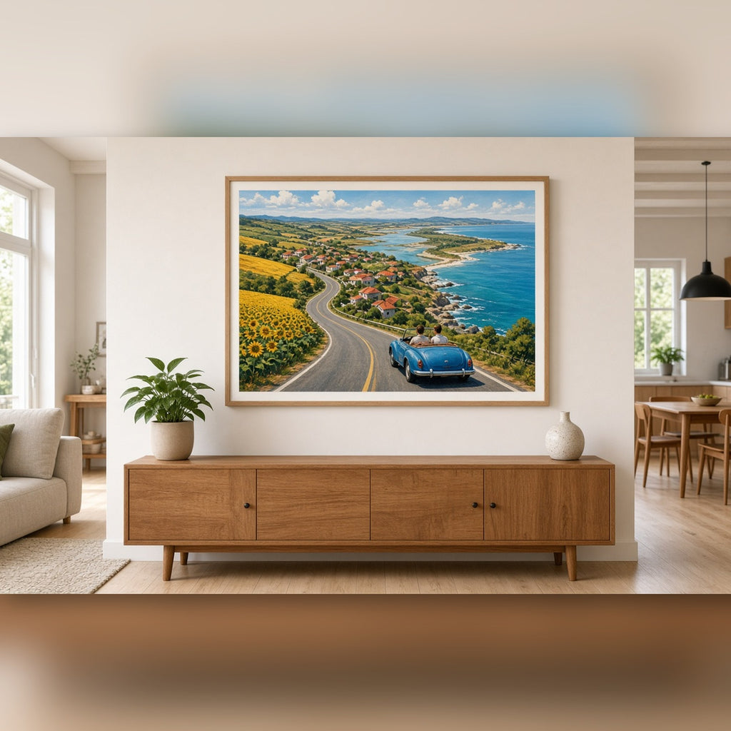 Bold-colour panoramic coastal road through sunflower fields and red-roofed villages with a couple in a vintage blue open-top car printed flat on a framed print in a living room, made with prompt #9