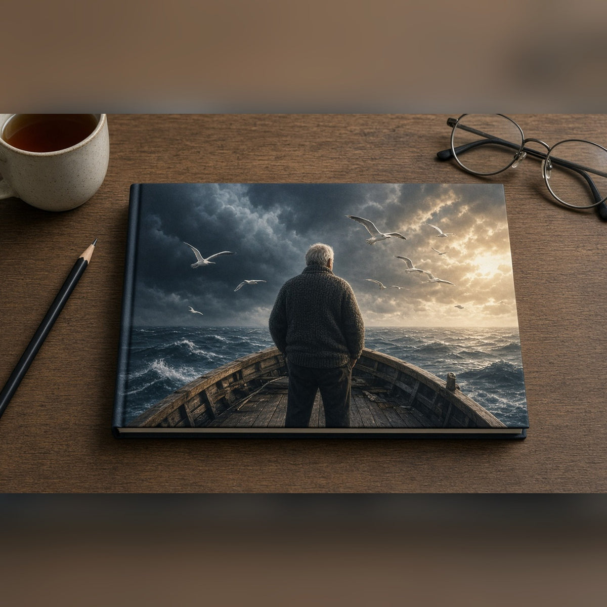 Cinematic older fisherman at the bow of a wooden boat facing an approaching storm with golden light and seabirds printed flat on a notebook, made with prompt #46
