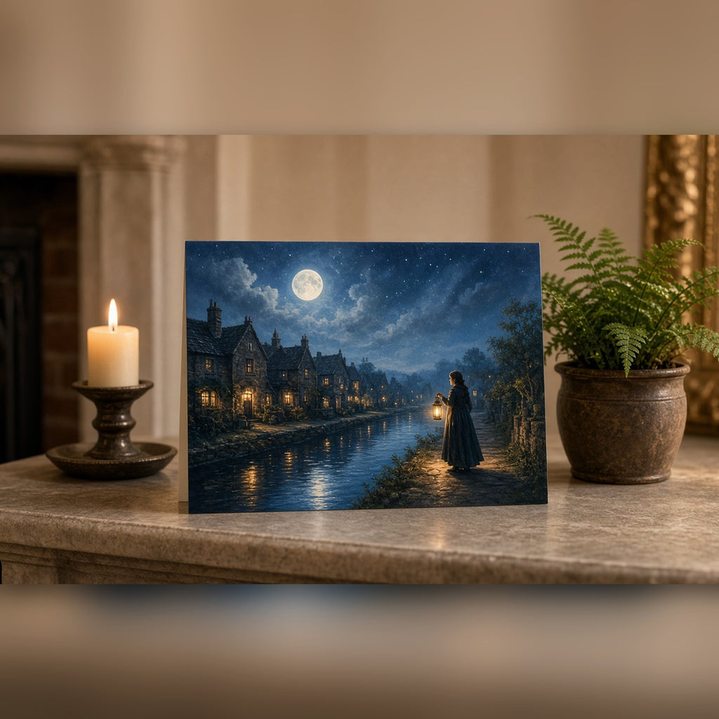 Moonlit canal-side town with glowing windows reflected in still water and a woman with a lantern on the towpath printed flat on a greeting card, made with prompt #84
