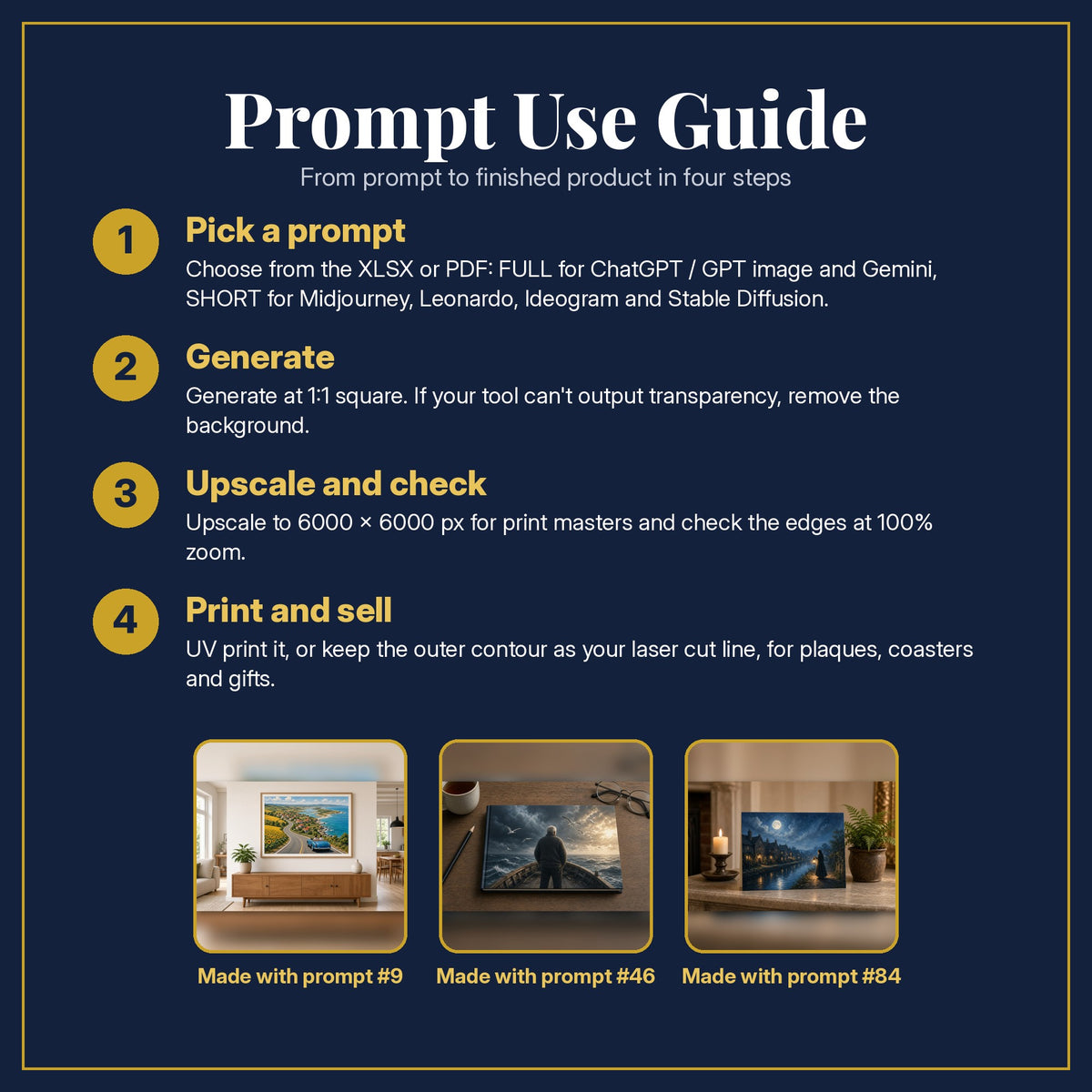 Prompt Use Guide for the Memoir and Biography, Cinematic & Bold Collection: pick a prompt, generate, upscale and check, print and sell, with sample products made with the pack's prompts