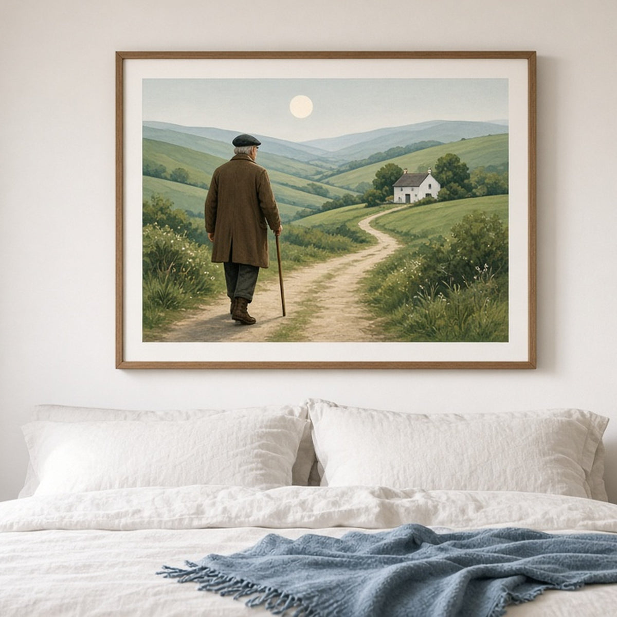 Clean minimal flat-colour winding country path through green hills to a white cottage with an older man in a long coat and flat cap walking with a stick printed flat on a framed print in a bedroom, made with prompt #9