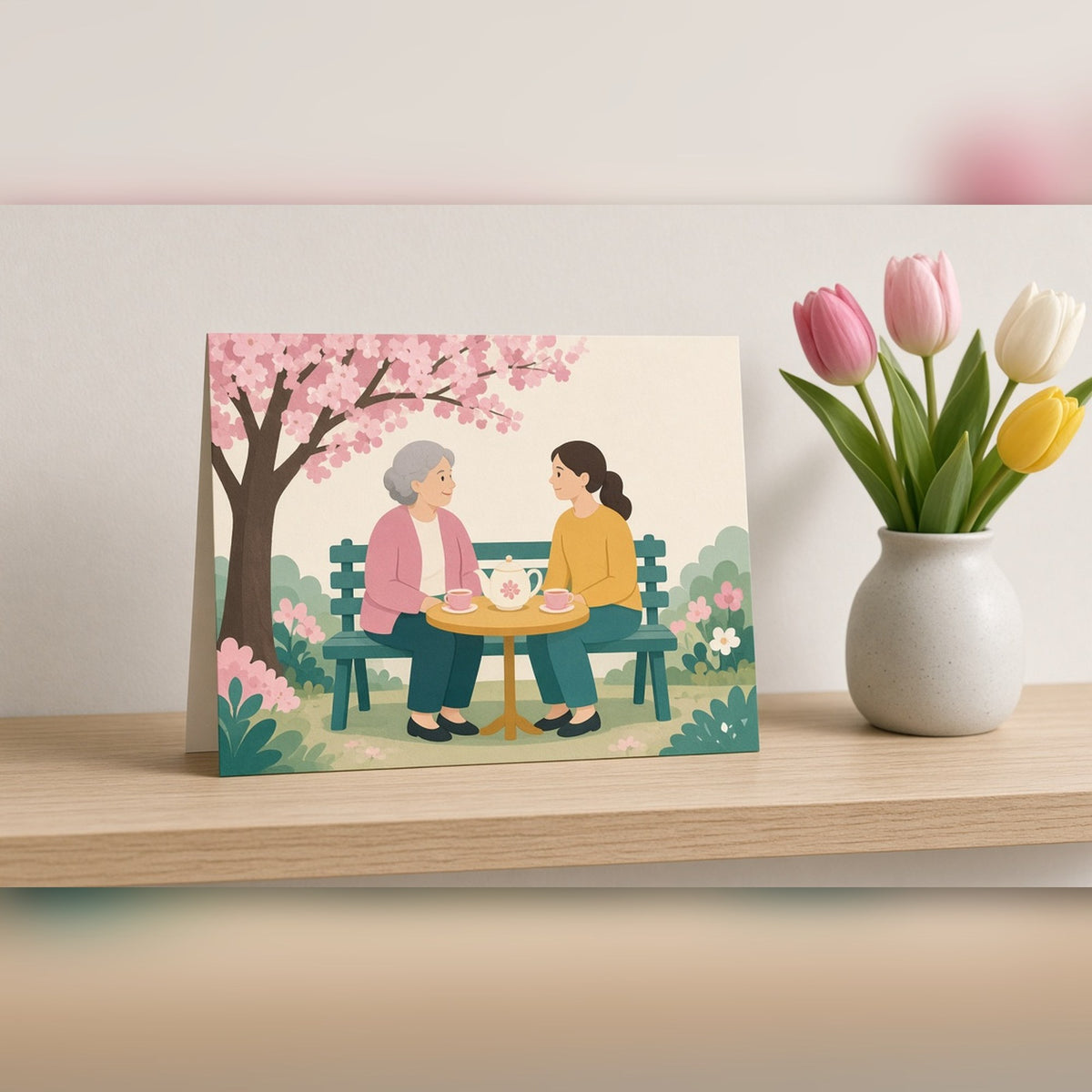 Clean minimal flat-colour older woman and young woman sharing tea on a garden bench under a blossom tree printed flat on a greeting card, made with prompt #21