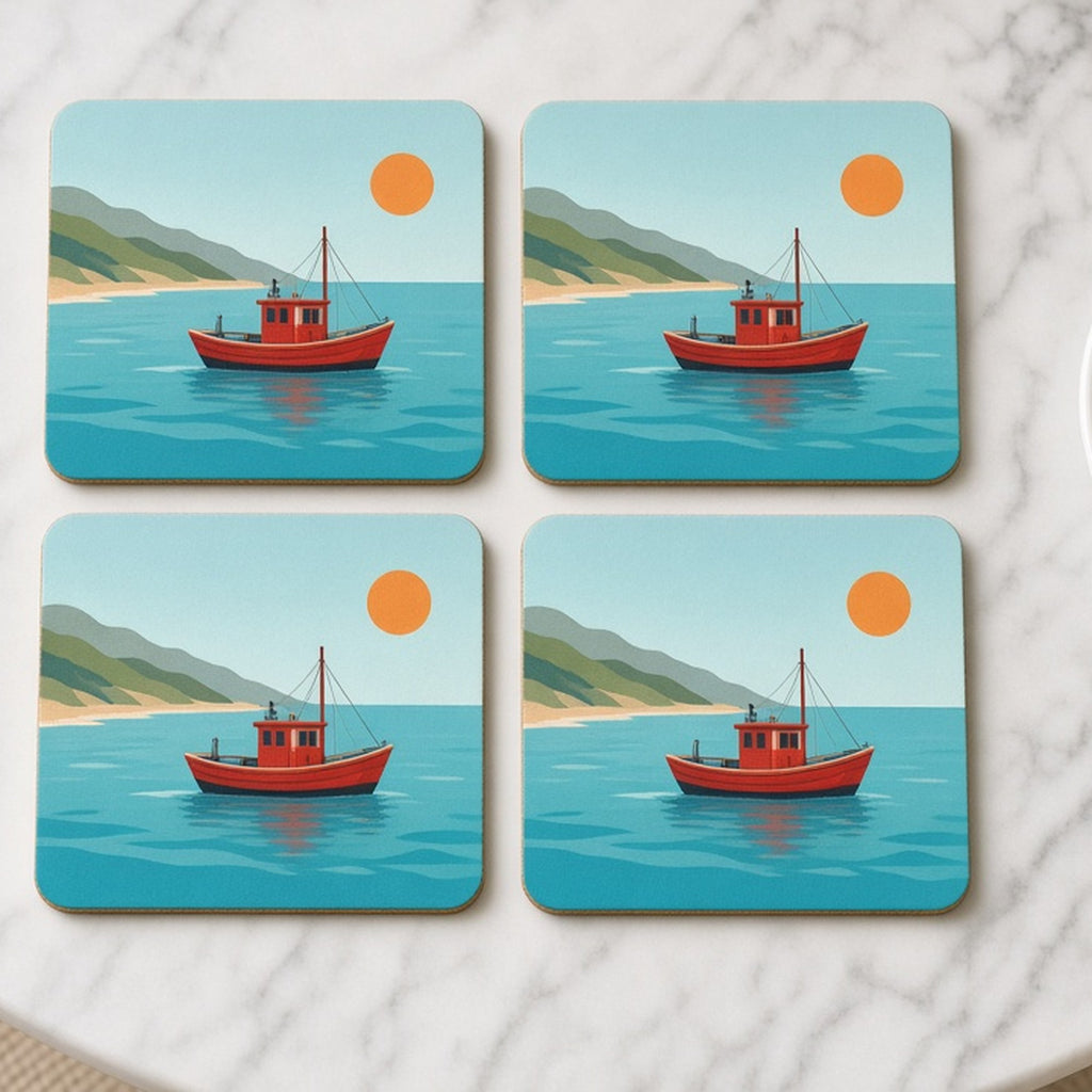 Clean minimal flat-colour red fishing boat on a calm turquoise sea with green hills and an orange sun printed flat on a set of four coasters, made with prompt #2