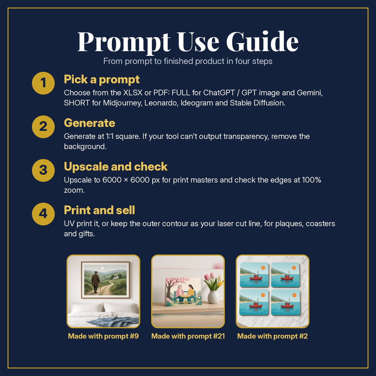 Prompt Use Guide for the Memoir and Biography, Clean & Graphic Collection: pick a prompt, generate, upscale and check, print and sell, with sample products made with the pack's prompts