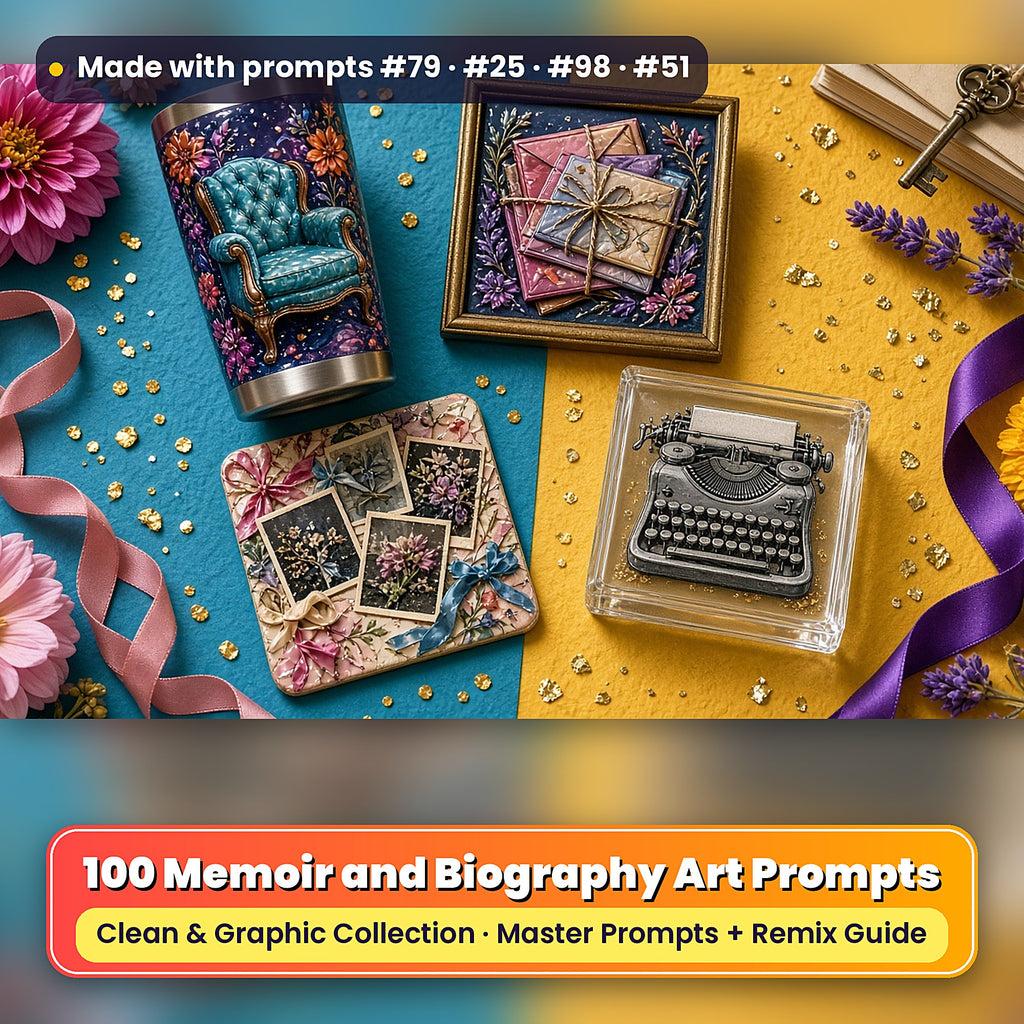 Memoir and Biography, Clean & Graphic Collection: Made with prompts #79 · #25 · #98 · #51 – realistic UV-printed mockup