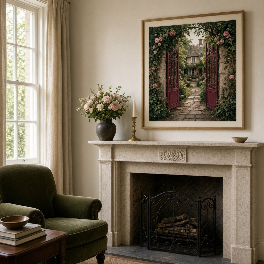 Jewel-toned open garden gateway in an old stone wall leading to a rose-filled walled garden and family house printed flat on a framed print in a sitting room, made with prompt #41