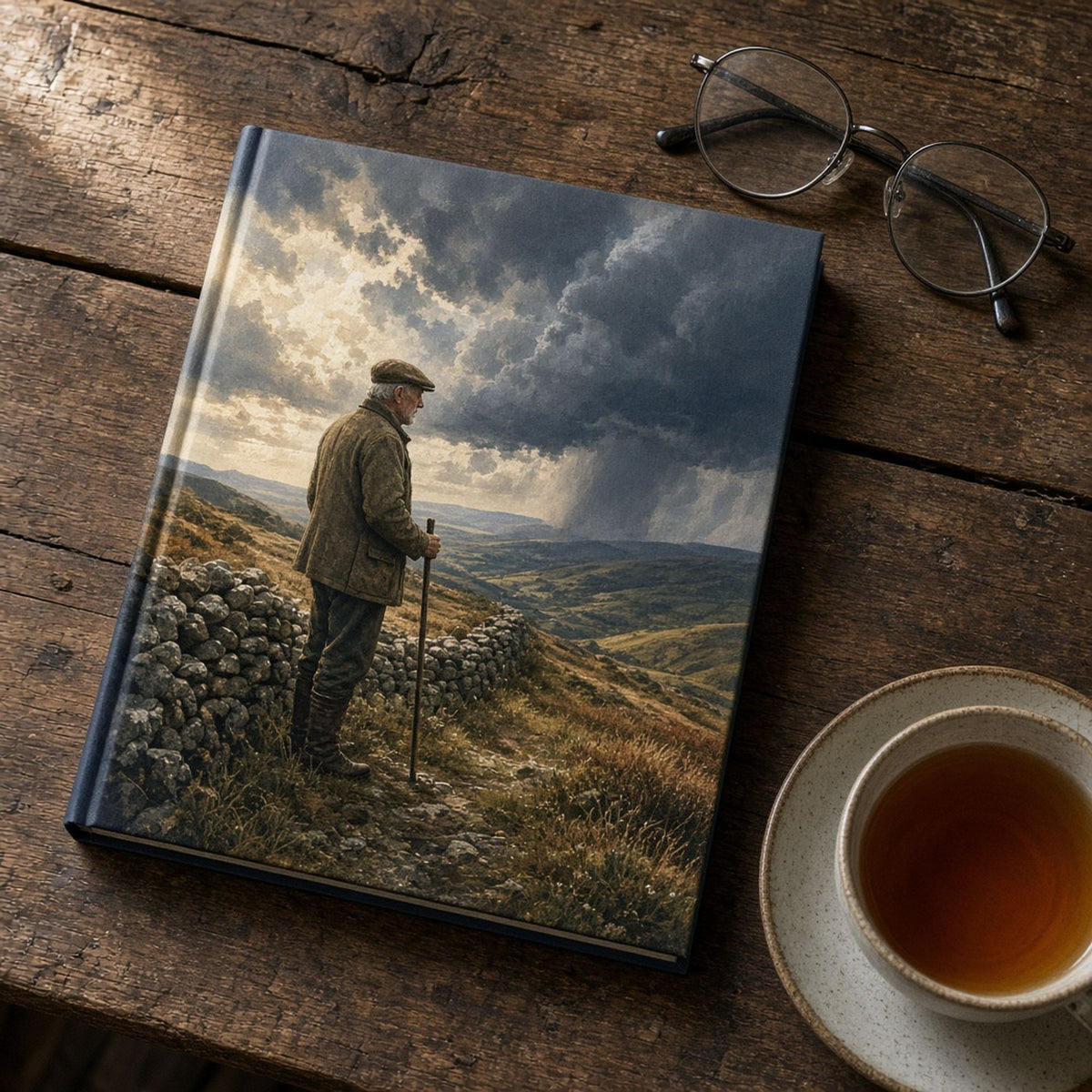 Illustrated elderly man in a tweed coat with a walking stick by a dry-stone wall watching a moorland storm roll in printed flat on a notebook cover, made with prompt #226