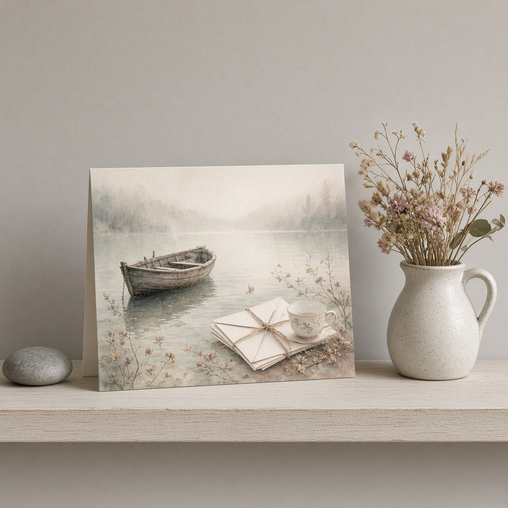 Misty lake of memory with an old rowing boat, tied envelopes, a teacup and pressed wildflowers in soft fog printed flat on a greeting card, made with prompt #416