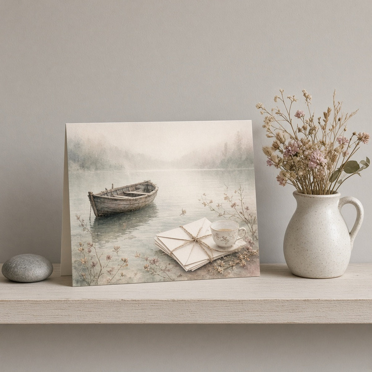 Misty lake of memory with an old rowing boat, tied envelopes, a teacup and pressed wildflowers in soft fog printed flat on a greeting card, made with prompt #416