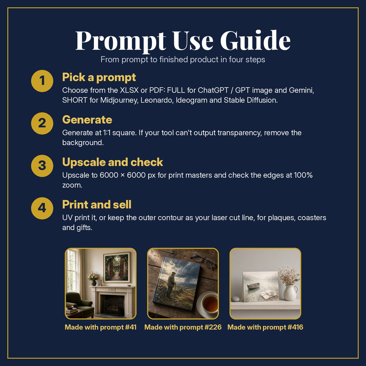 Prompt Use Guide for the Memoir and Biography Complete Library: pick a prompt, generate, upscale and check, print and sell, with sample products made with the pack's prompts