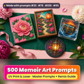 500 Memoir Art Prompts Library: Made with prompts #33 · #78 · #220 · #55 – realistic UV-printed mockup