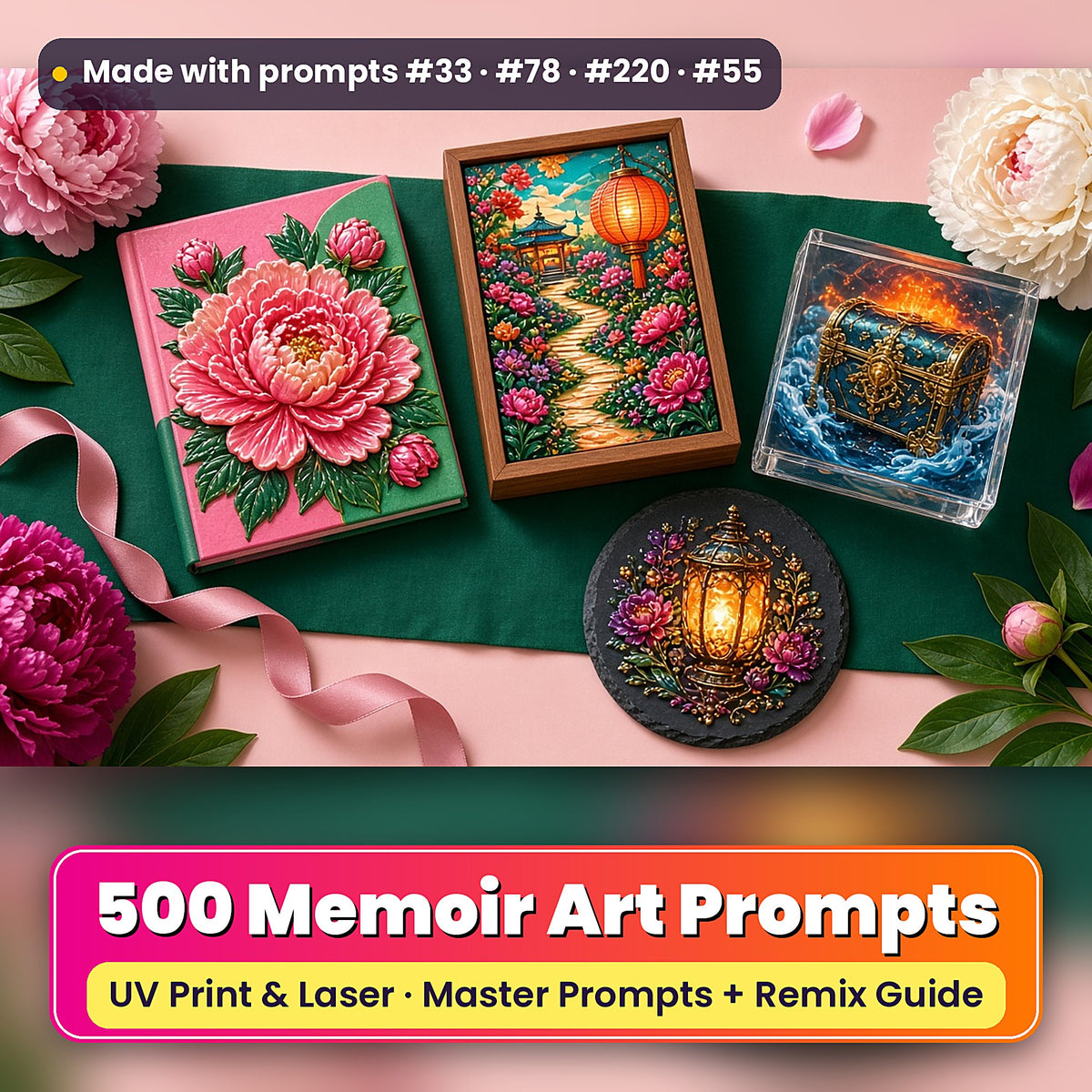 500 Memoir Art Prompts Library: Made with prompts #33 · #78 · #220 · #55 – realistic UV-printed mockup