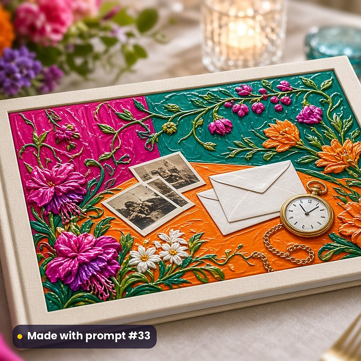 500 Memoir Art Prompts Library: Made with prompt #33 – realistic UV-printed mockup (Bold Colour — Nature Reclaimed)