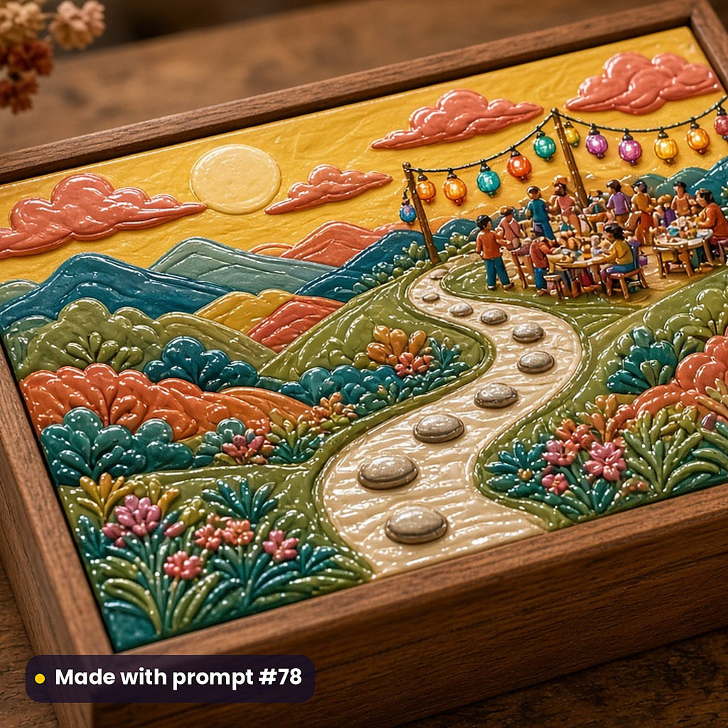 500 Memoir Art Prompts Library: Made with prompt #78 – realistic UV-printed mockup (Vintage Retro — Festival or Gathering)