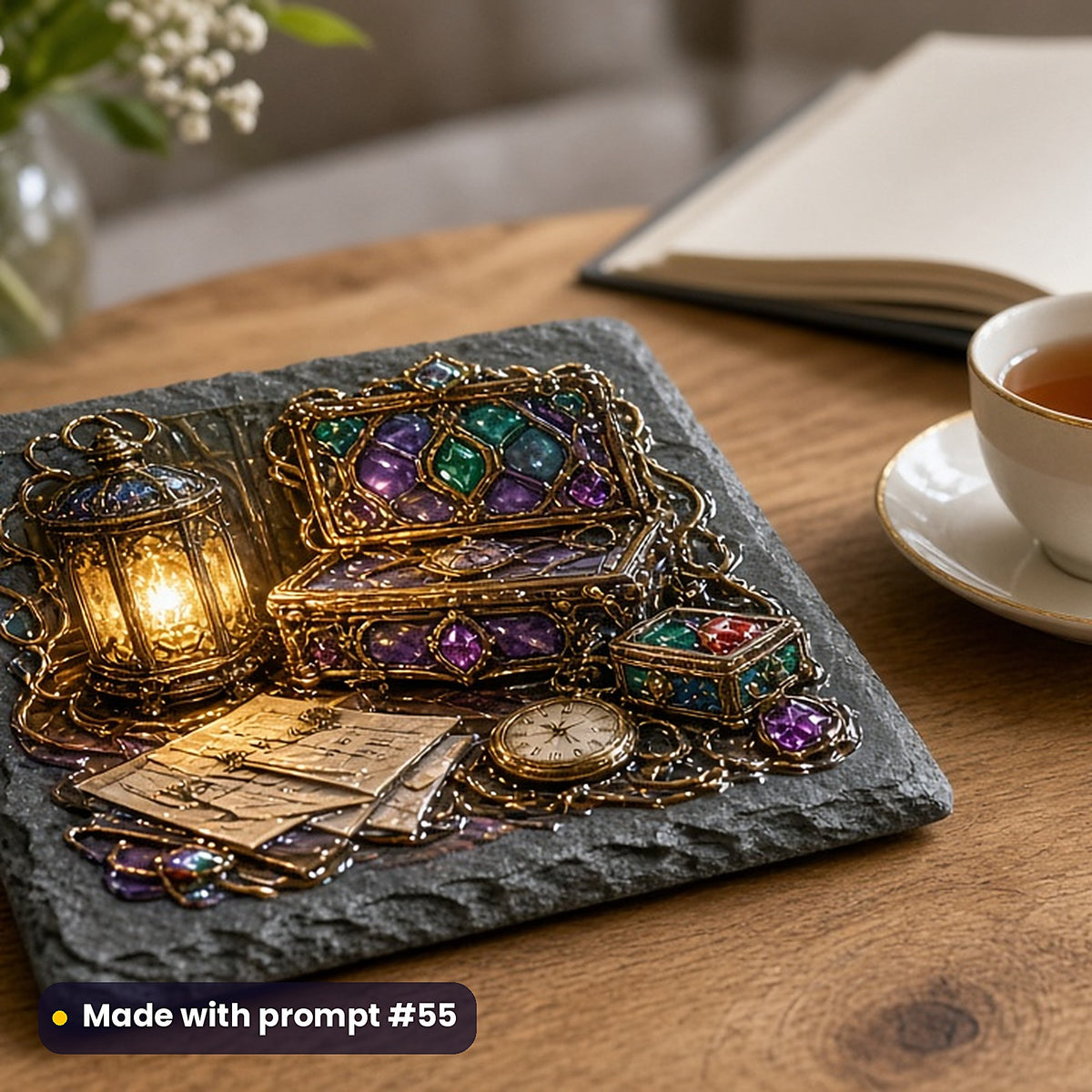 500 Memoir Art Prompts Library: Made with prompt #55 – realistic UV-printed mockup (Luxury Premium — Fire and Light)