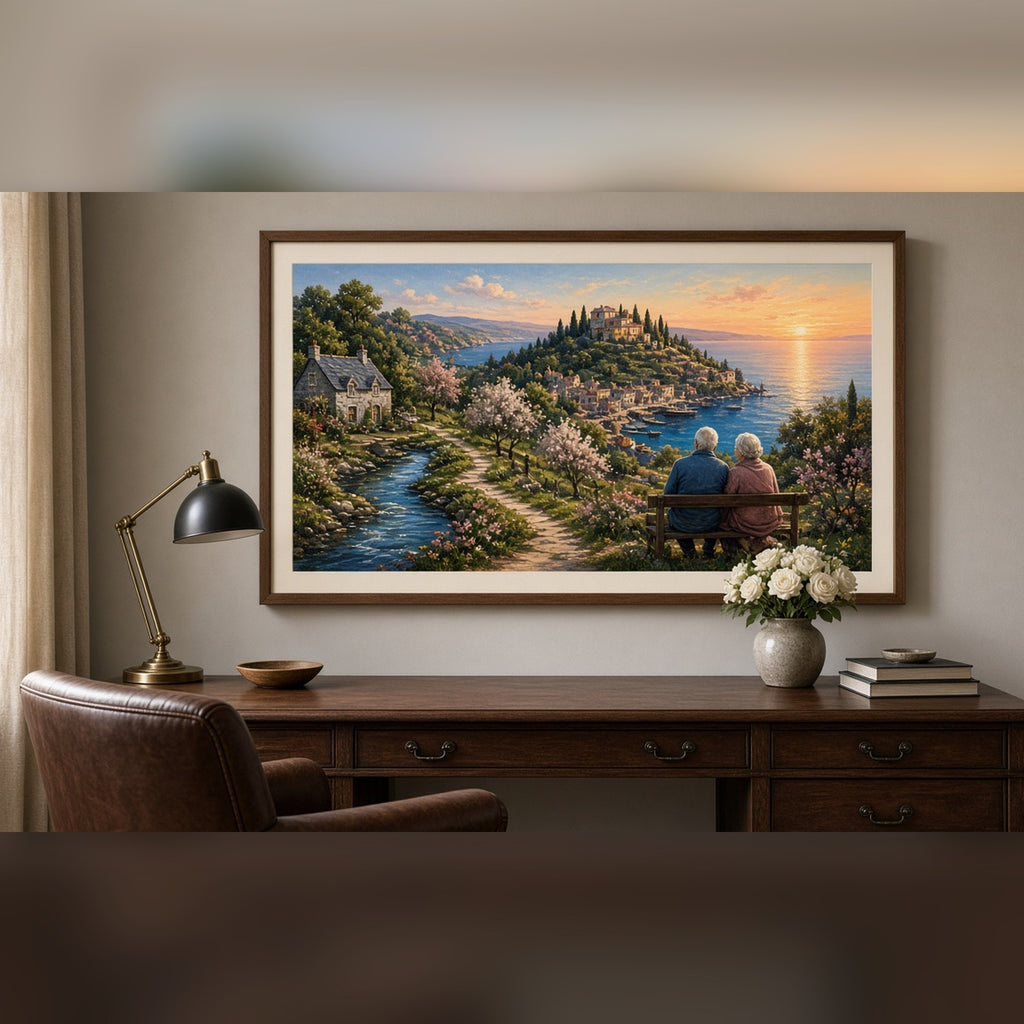 Luxury panoramic life-journey landscape from a riverside cottage through orchards and a harbour town to a hilltop at sunset with an older couple on a bench printed flat on a framed print in a study, made with prompt #9