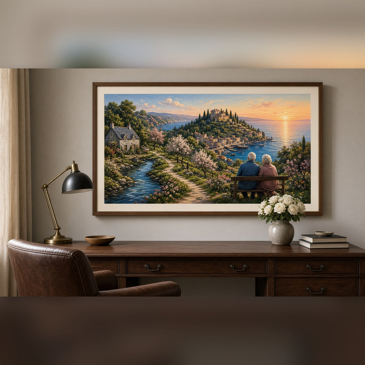 Luxury panoramic life-journey landscape from a riverside cottage through orchards and a harbour town to a hilltop at sunset with an older couple on a bench printed flat on a framed print in a study, made with prompt #9