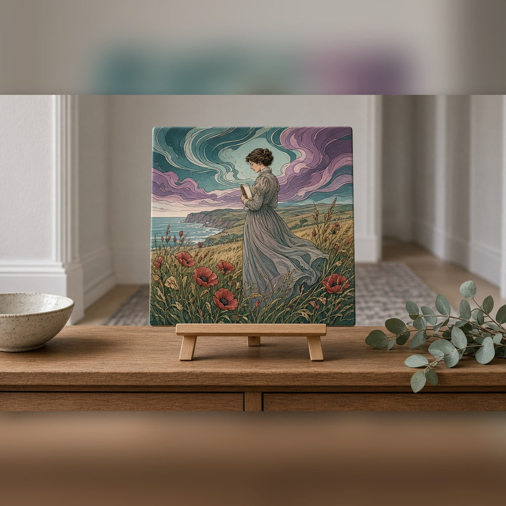 Art Nouveau Edwardian woman writer on a poppy meadow by the coast as swirling teal and plum storm clouds approach printed flat on a ceramic tile, made with prompt #46