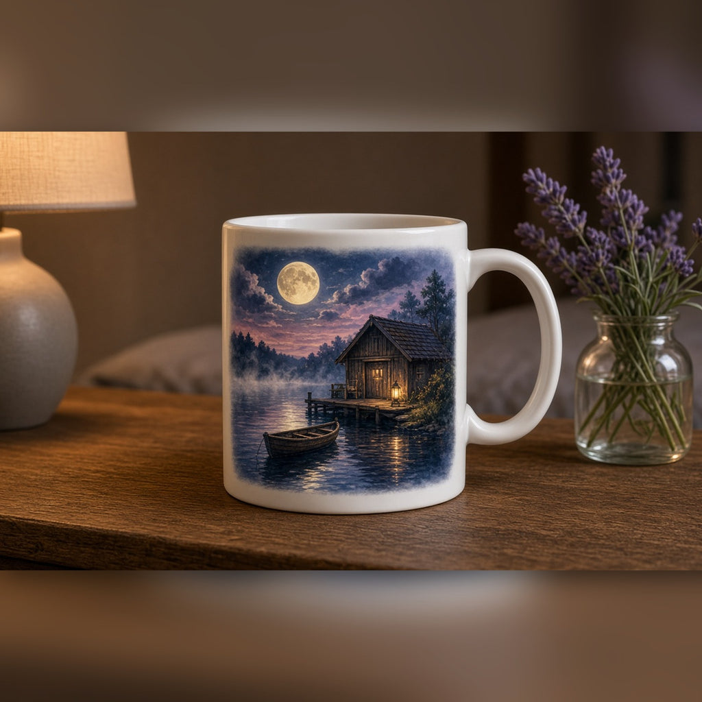 Moonlit riverside boathouse with a glowing lantern on the jetty, mist and a small rowing boat printed flat on a mug, made with prompt #84
