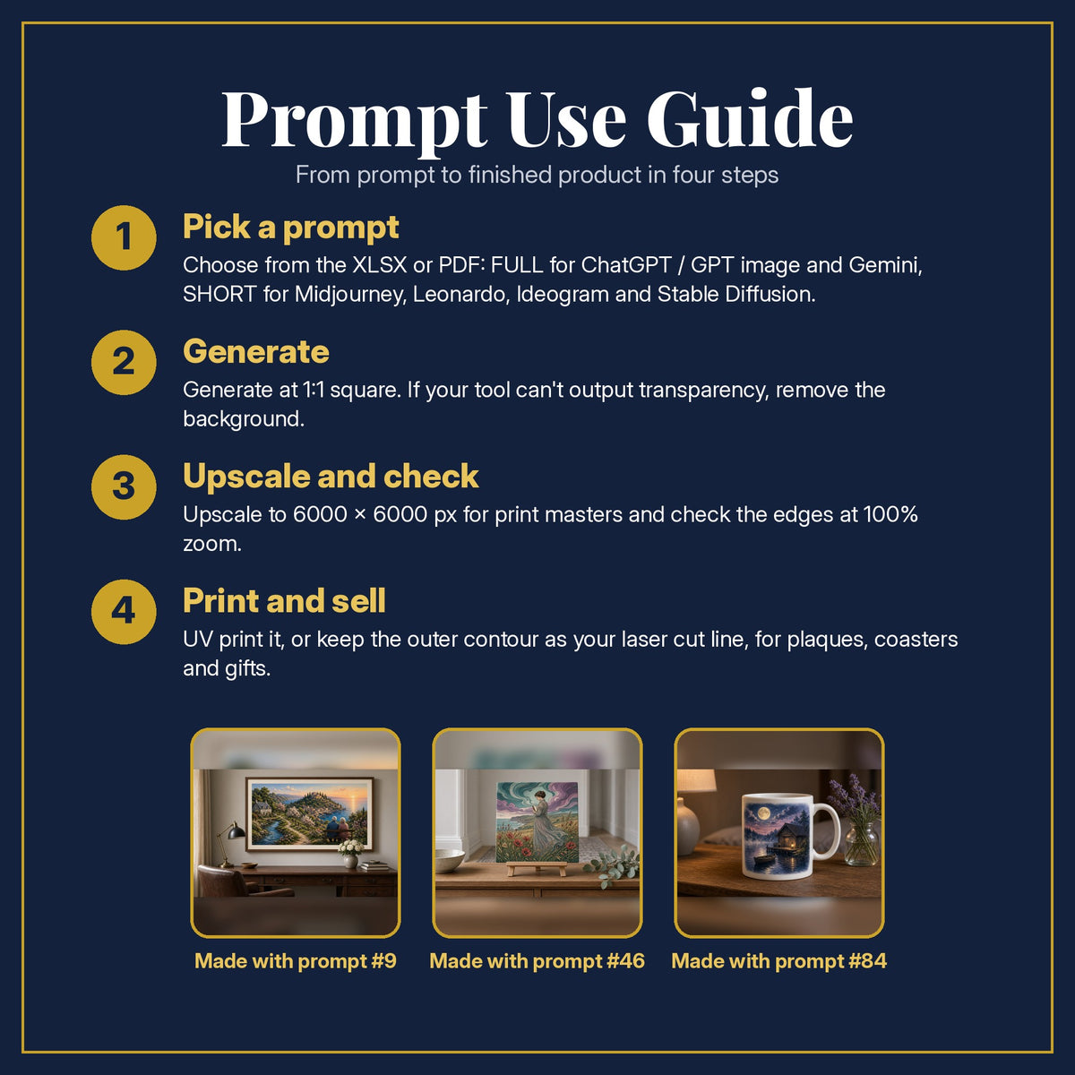 Prompt Use Guide for the Memoir and Biography, Luxury & Decorative Collection: pick a prompt, generate, upscale and check, print and sell, with sample products made with the pack's prompts