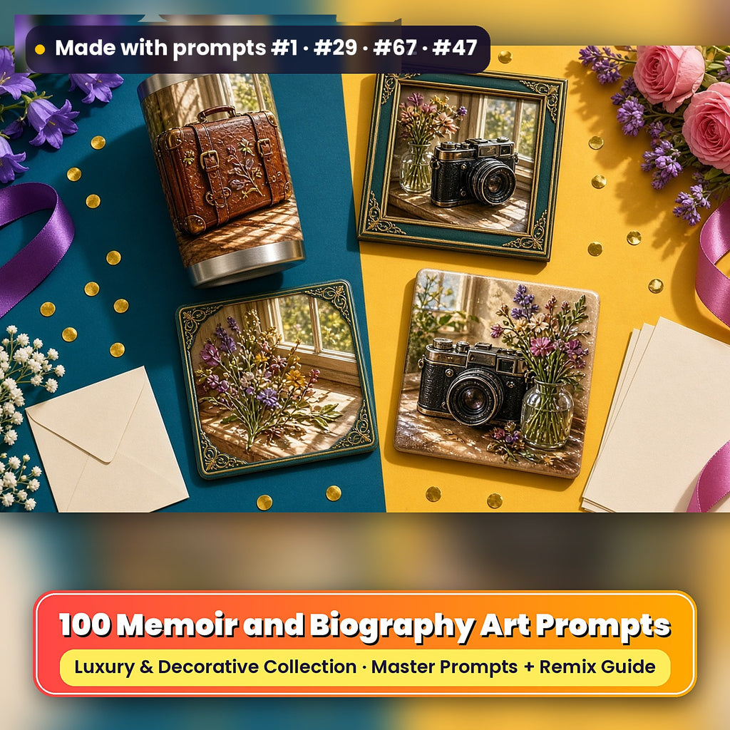 Memoir and Biography, Luxury & Decorative Collection: Made with prompts #1 · #29 · #67 · #47 – realistic UV-printed mockup