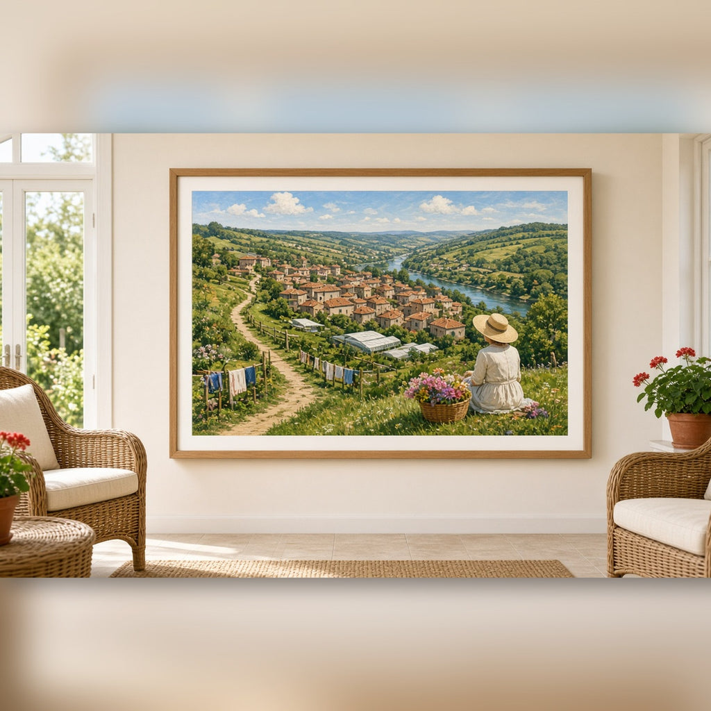 Painterly panoramic hillside market town in early summer with river, allotments, washing lines and an older woman in a sun hat with a flower basket printed flat on a framed print in a conservatory, made with prompt #9